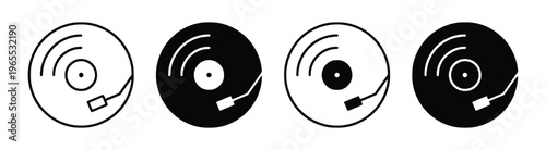 A set of four minimalist vinyl record icons displayed in both outline and solid black style format isolated on white background, Vector, illustration
