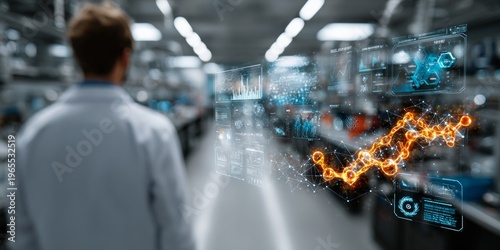 Scientist viewing augmented reality data visualization with molecular structure and analytics interface in advanced laboratory