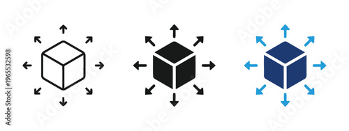 A set of three cube icons representing expansion or distribution with arrows pointing outwards isolated on white background, Vector, illustration