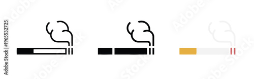 Three different icon styles representing a burning cigarette with smoke on a white background isolated on white background, Vector, illustration