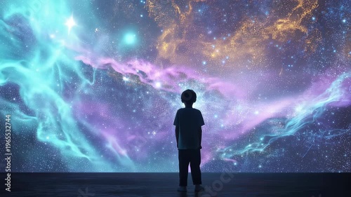 Boy stands in front of colorful cosmic animation in futuristic setting with stars and galaxies forming a vibrant background