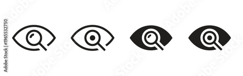 Four variations of a minimalist eye icon featuring a magnifying glass for search functionality isolated on white background, Vector, illustration