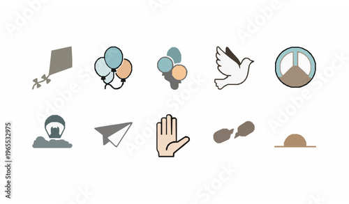 Modern freedom line icon collection with dove kite balloons and peace concept elements