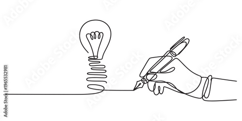 A single continuous line drawing of a hand holding a pen creating a bright lightbulb illustration