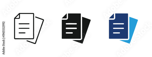 Three variations of document icons presented in outline solid and dual color design styles isolated on white background, Vector, illustration