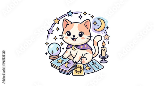 Cute Cat Fortune Teller With Tarot Cards and Magical Elements