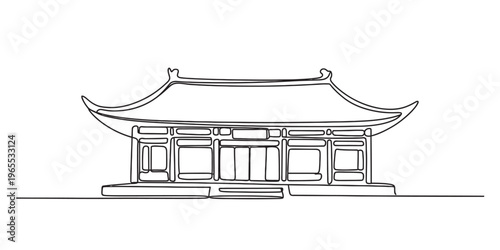 A simple black and white line drawing of a traditional asian style building with curved roofline