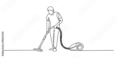 A continuous line drawing of a person cleaning the floor using a modern vacuum cleaner appliance.