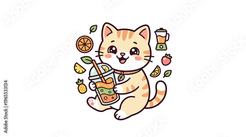 Cute Cat Enjoying a Refreshing Fruit Smoothie