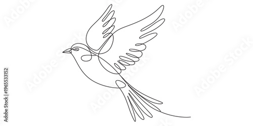 Minimalist continuous line drawing of a flying bird captured in a graceful and elegant motion