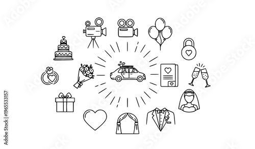 Wedding outline icon set with romantic ceremony elements cake rings car and celebration symbols