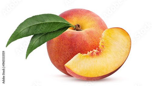 Ripe peach fruit with leaf and slice