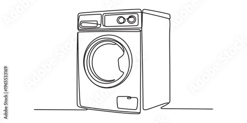 Minimalist continuous single line drawing of a modern front loading household laundry machine