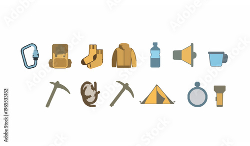 Modern mountaineering line icon collection with hiking gear backpack rope and outdoor elements