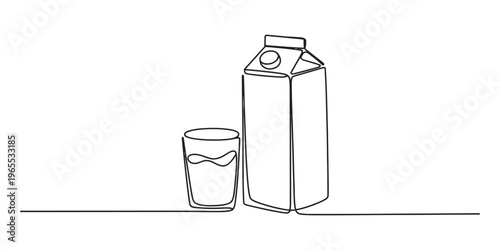 A single continuous line drawing of a carton of milk sitting next to a glass filled with milk.