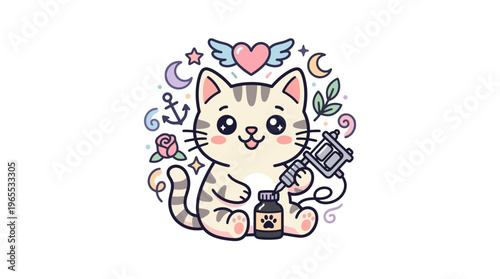 Cute Cartoon Cat Getting Tattoo with Decorative Elements