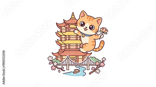 Cute Cartoon Cat with Asian Temple and Cherry Blossoms