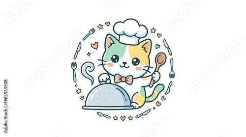 Cute Cartoon Cat Chef with Serving Cloche