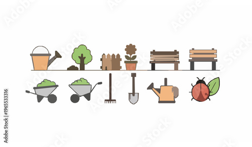 Modern garden line icon collection with tree plant fence flower and outdoor landscaping elements