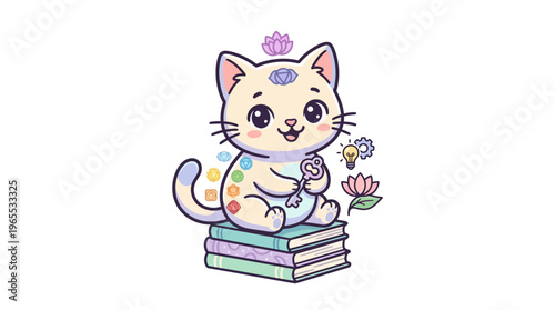 Zen Cat Meditating on Books with Lotus Flowers and Ideas
