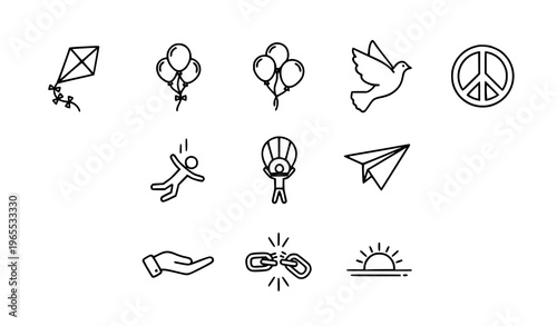 Freedom and peace outline icon collection with dove kite balloons and liberty symbols for web UI