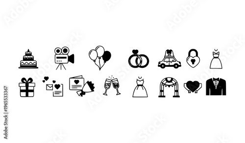 Modern wedding line icon collection with cake rings car and romantic celebration elements
