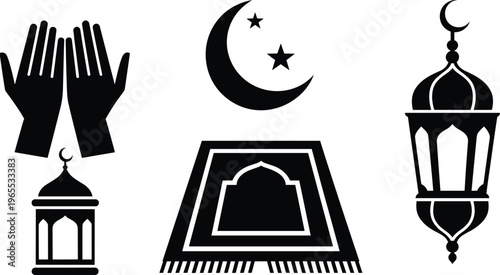 Islamic ramadan kareem icon set featuring praying hands crescent moon and star prayer rug fanous lantern and mosque silhouette for religious eid celebration.