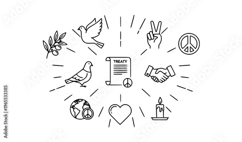 Peace and harmony outline icon collection with dove branch treaty and unity symbols for web UI