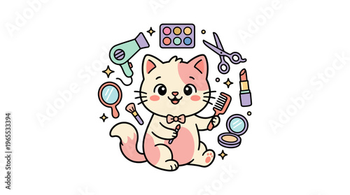 Cute Cat with Beauty Tools Surrounded