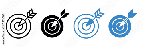 Target and arrow icon set showing business strategy, success, goal achievement, and planning concept, clean vector illustration isolated on white background