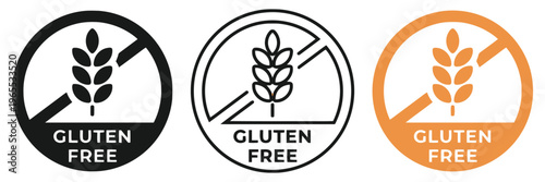A set of three distinct circular gluten free icons featuring a stylized wheat stalk grain symbol isolated on white background, Vector, illustration