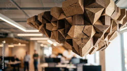 Detailed view of wooden acoustic sound diffusers on the ceiling