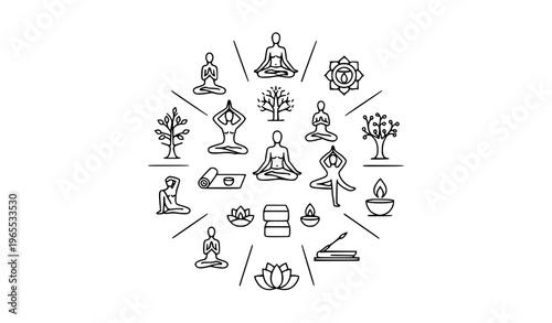Yoga outline icon set with meditation poses mindfulness chakra and wellness symbols for web UI