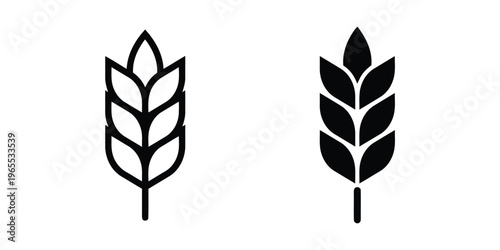 A minimalist black and white vector illustration showing two simple wheat stalk icon designs isolated on white background, Vector, illustration
