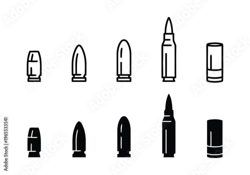 A collection of various bullet and ammunition icons displayed in both outline and solid styles isolated on white background, Vector, illustration