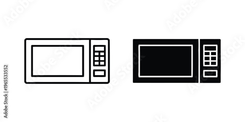 A set of two microwave oven icons displayed in both outline and solid black filled style formats. isolated on white background, Vector, illustration