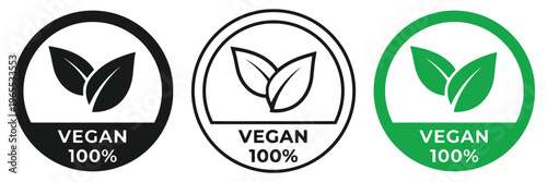 Three variations of circular vector icons displaying the text 100% vegan with leaf illustrations. isolated on white background, Vector, illustration