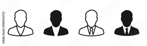 A series of four minimalist male user profile icons showing different levels of formal business attire isolated on white background, Vector, illustration
