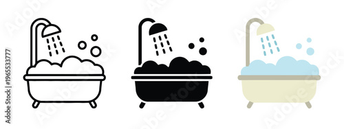 Three variations of bathtub icons featuring a shower head with running water and soap bubbles set isolated on white background, Vector, illustration