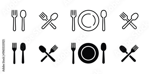 A collection of simple outline and solid vector icons representing restaurant dining utensils isolated on white background, Vector, illustration