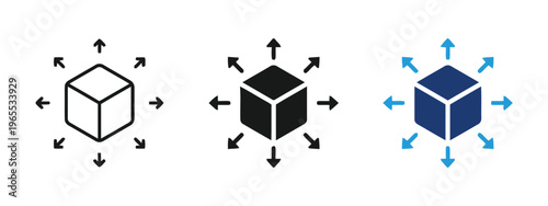 Three different icon variations of a 3d cube shape with outward pointing arrows in simple style isolated on white background, Vector, illustration