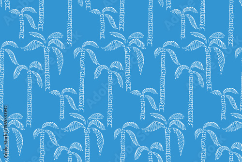 Seamless vector pattern of hand drawn palm trees with textured trunks and curved leaves on a bold blue background. Tropical and minimalist, perfect for summer themed designs, textiles, wallpapers