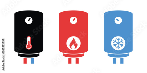 Three different colored icons representing water heating and cooling systems for your home needs. isolated on white background, Vector, illustration