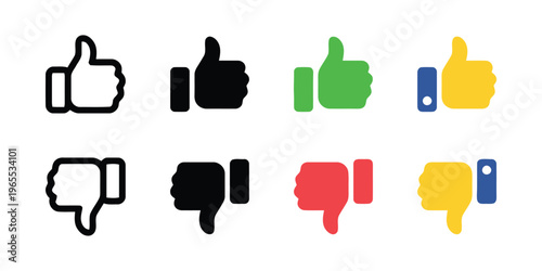 A collection of colorful and monochromatic thumbs up and thumbs down icons for social media use. isolated on white background, Vector, illustration