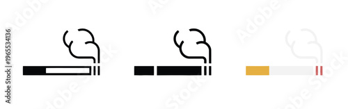Three different icon styles of a cigarette with smoke rising in a simple flat graphic design set isolated on white background, Vector, illustration