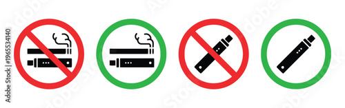A set of four icons indicating allowed and prohibited smoking and vaping activities in public areas. isolated on white background, Vector, illustration