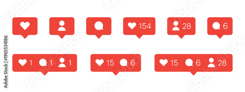 A collection of red social media notification bubbles with icons for likes comments and follows isolated on white background, Vector, illustration