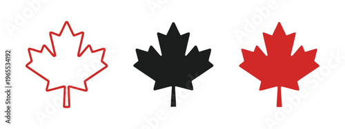A set of three distinct maple leaf symbols featuring outline black and solid red graphic styles isolated on white background, Vector, illustration