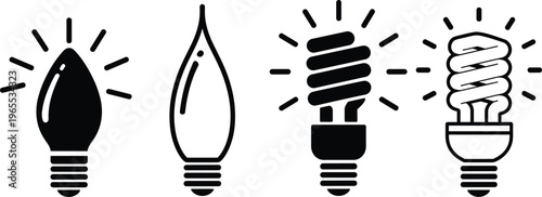 Light bulb silhouette illustration collection, classic and compact fluorescent designs with illuminated rays, energy efficiency evolution theme, vector art, black isolated bold design