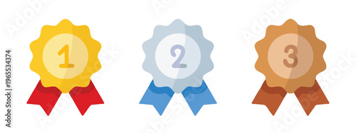 A set of three flat design badges representing the first, second, and third place competition wins isolated on white background, Vector, illustration